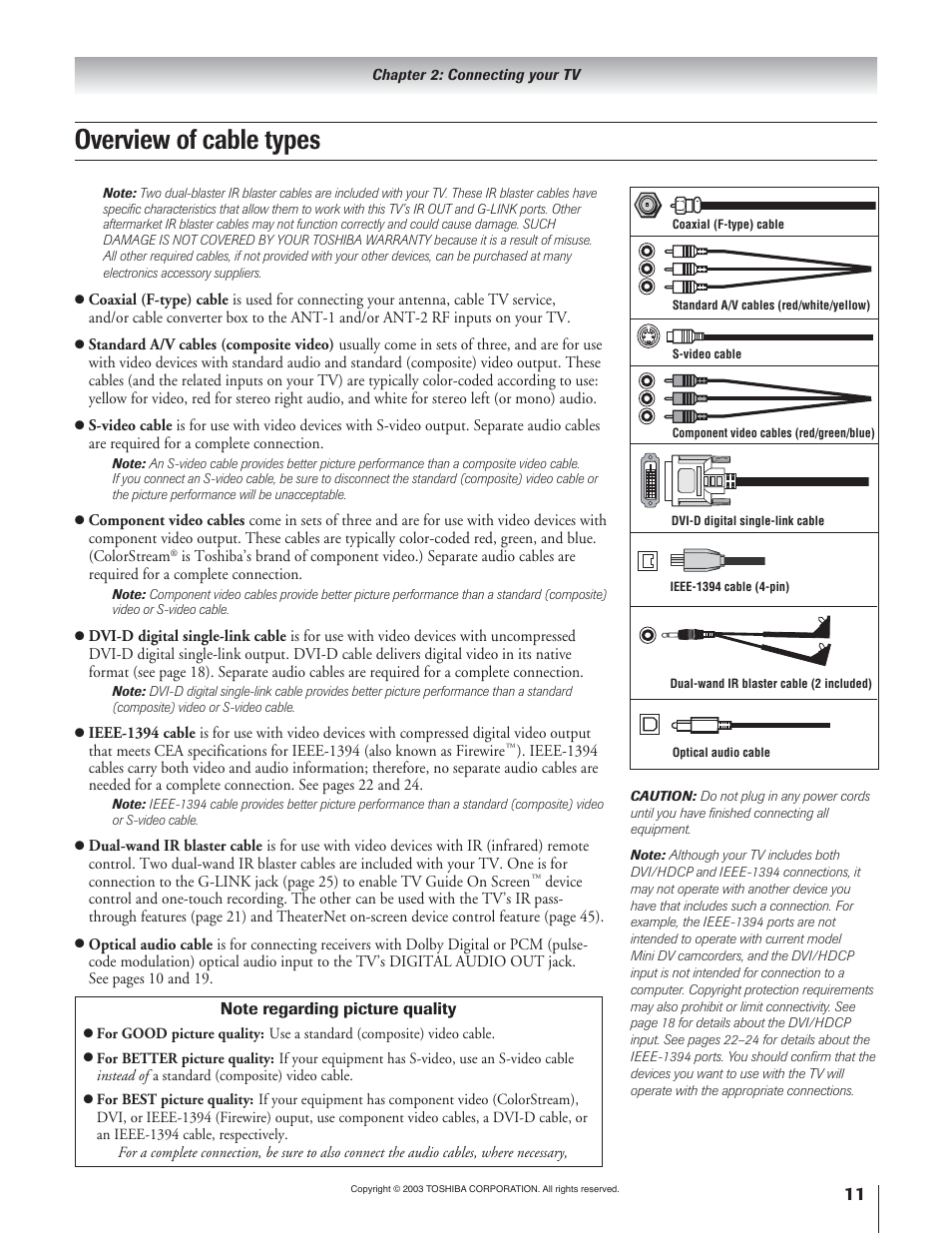 Overview of cable types | Toshiba 51H93 User Manual | Page 11 / 100