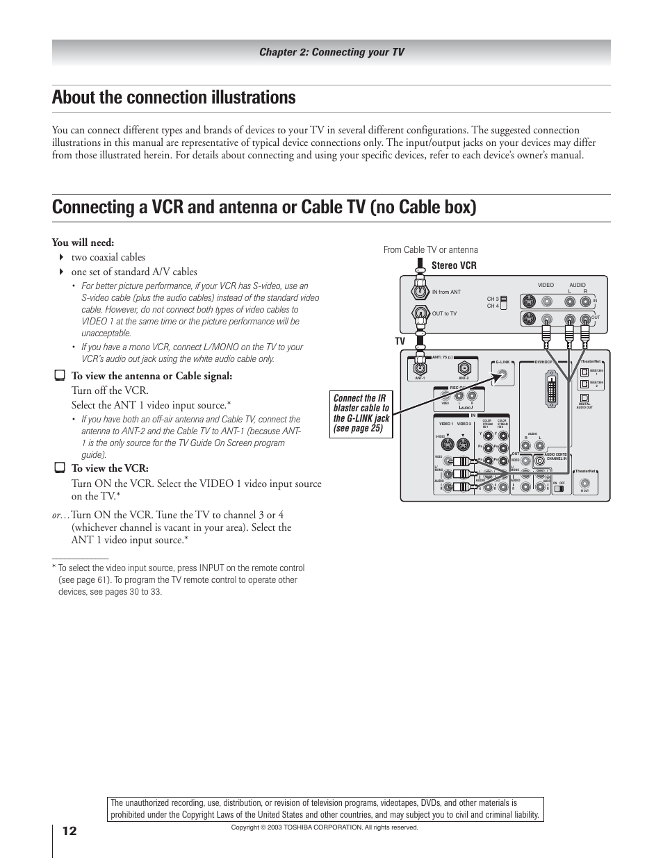 About the connection illustrations, Chapter 2: connecting your tv | Toshiba 51H93 User Manual | Page 12 / 100