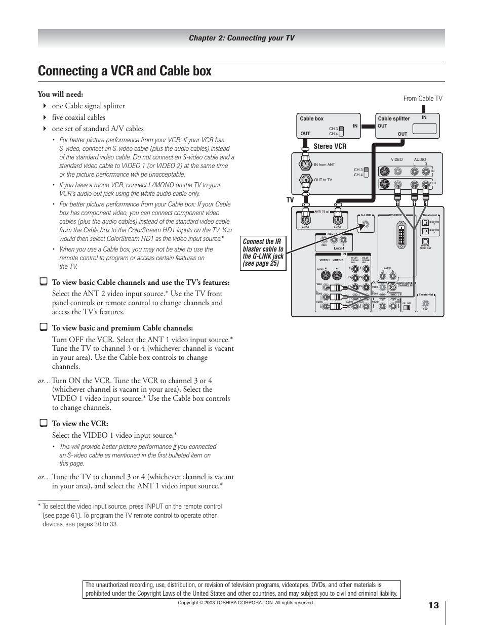 Connecting a vcr and cable box, Chapter 2: connecting your tv | Toshiba 51H93 User Manual | Page 13 / 100