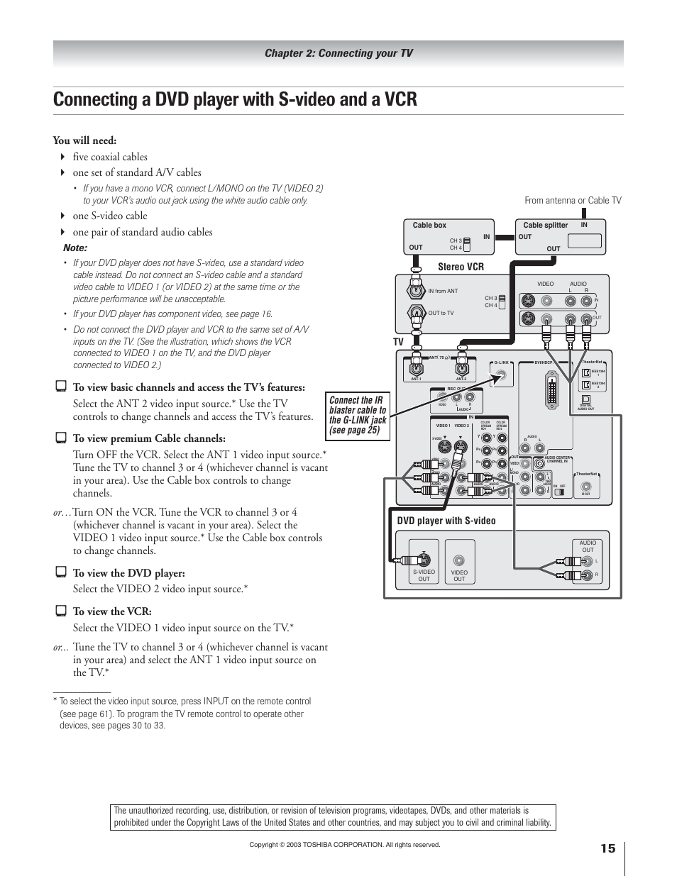 Connecting a dvd player with s-video and a vcr, Chapter 2: connecting your tv | Toshiba 51H93 User Manual | Page 15 / 100