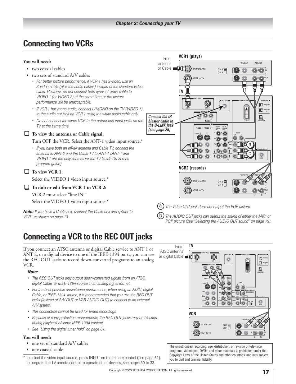 Connecting two vcrs, Connecting a vcr to the rec out jacks, Chapter 2: connecting your tv | Toshiba 51H93 User Manual | Page 17 / 100