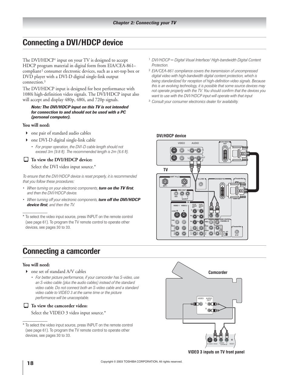 Connecting a dvi/hdcp device, Connecting a camcorder, The dvi/hdcp | You will need: one set of standard a/v cables, Chapter 2: connecting your tv, Tv dvi/hdcp device | Toshiba 51H93 User Manual | Page 18 / 100