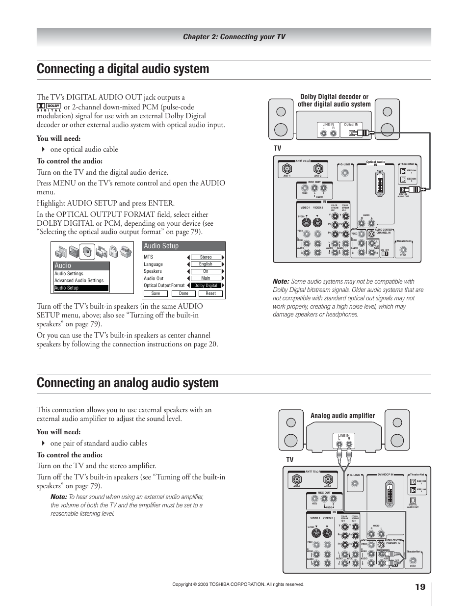 Connecting a digital audio system, Connecting an analog audio system, Chapter 2: connecting your tv | Tv analog audio amplifier, Audio, Audio setup | Toshiba 51H93 User Manual | Page 19 / 100