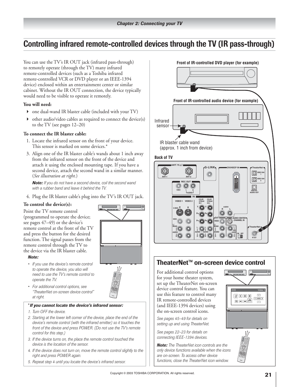 Theaternet™ on-screen device control, Chapter 2: connecting your tv | Toshiba 51H93 User Manual | Page 21 / 100