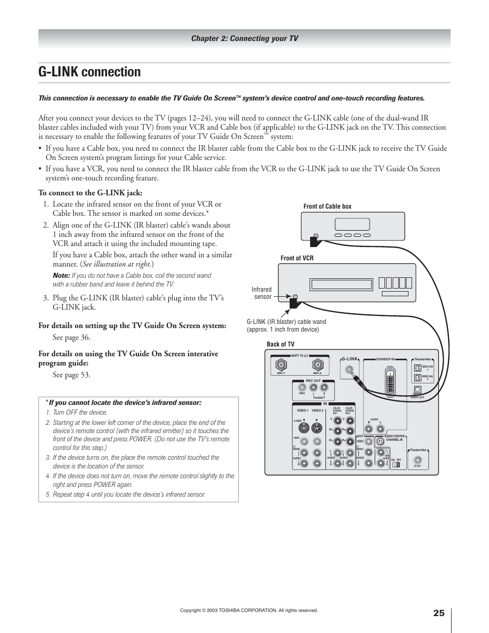 G-link connection, Chapter 2: connecting your tv | Toshiba 51H93 User Manual | Page 25 / 100