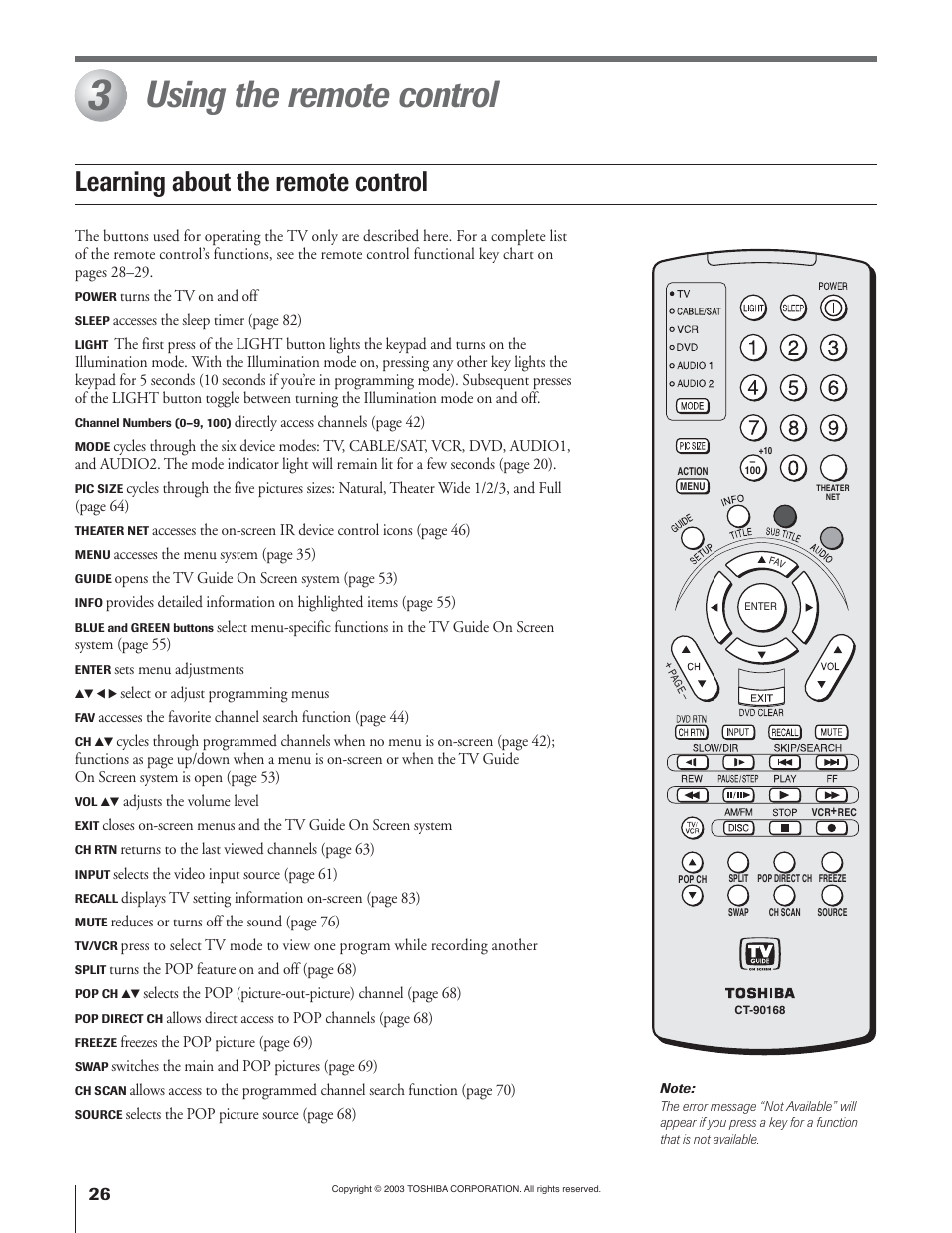 Using the remote control, Learning about the remote control | Toshiba 51H93 User Manual | Page 26 / 100