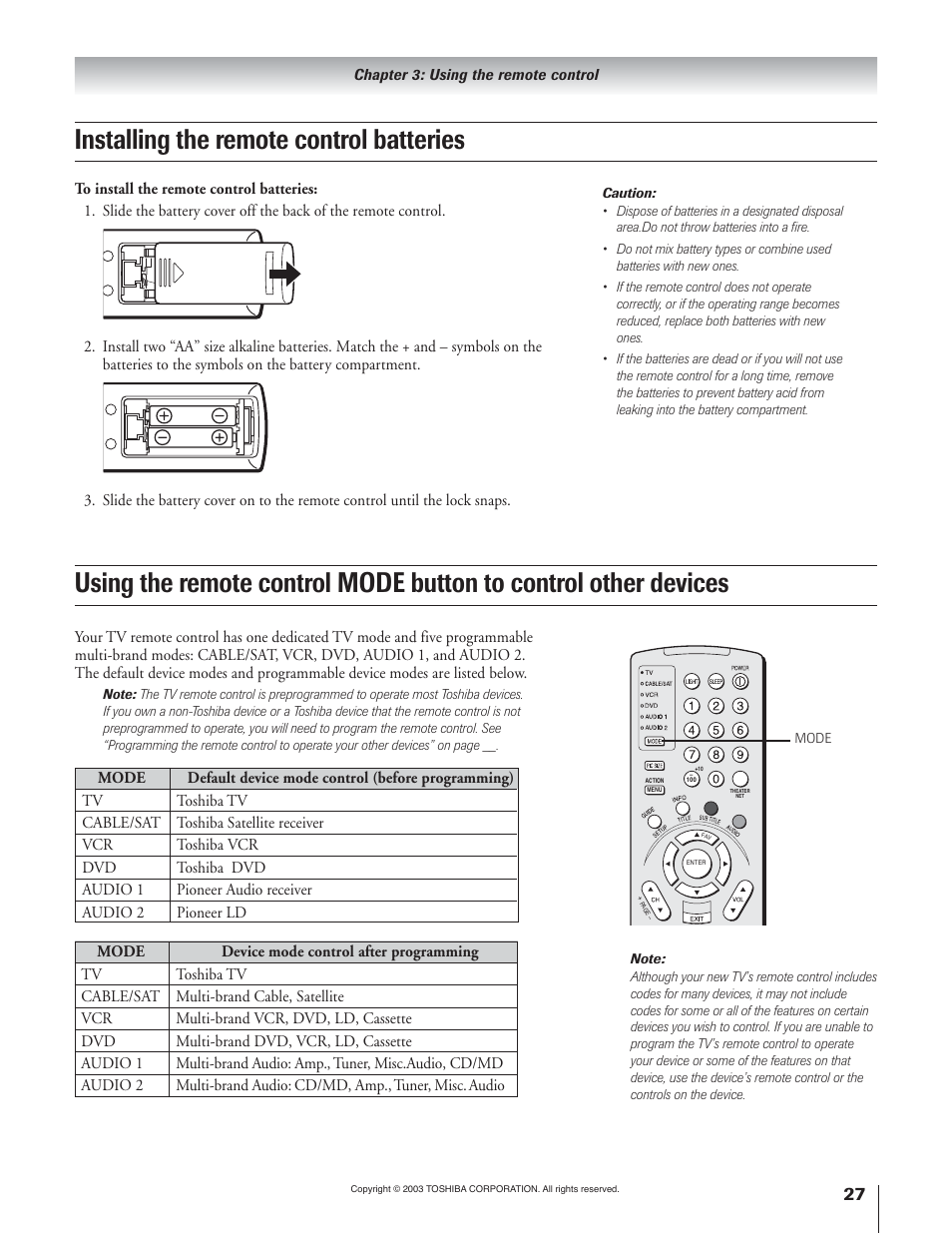 Installing the remote control batteries | Toshiba 51H93 User Manual | Page 27 / 100