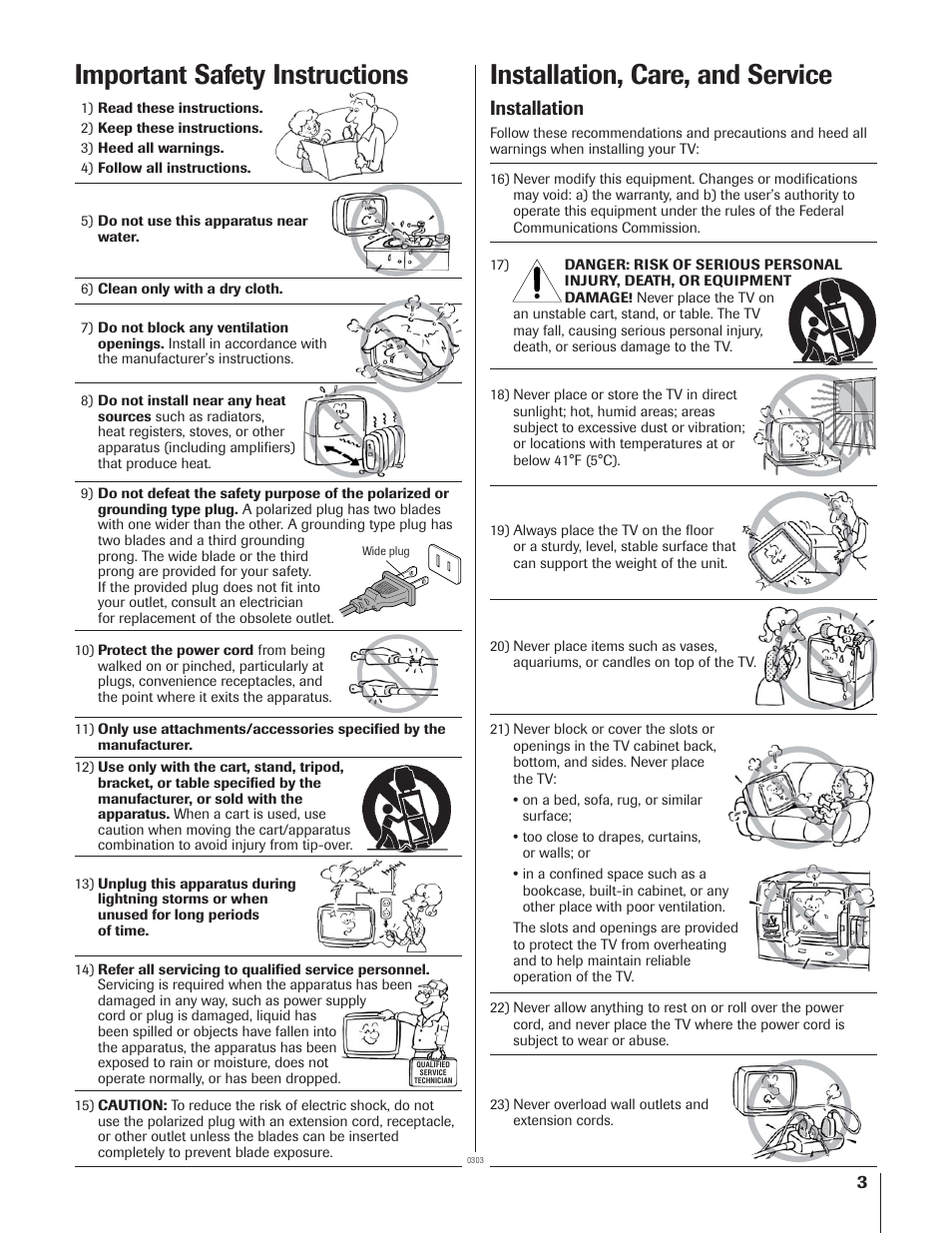 Installation, care, and service, Important safety instructions, Installation | Toshiba 51H93 User Manual | Page 3 / 100