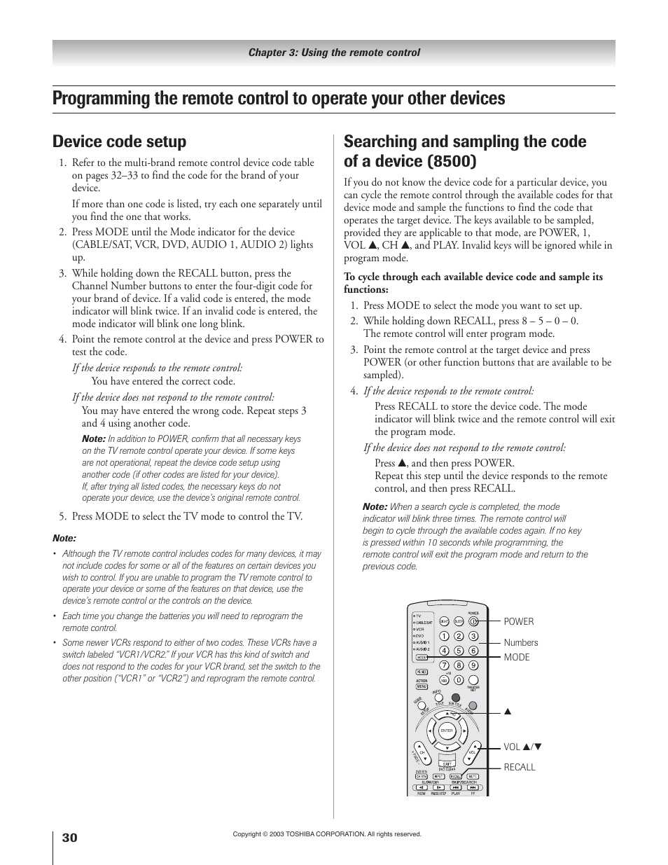 Searching and sampling the code of a device (8500), Device code setup | Toshiba 51H93 User Manual | Page 30 / 100