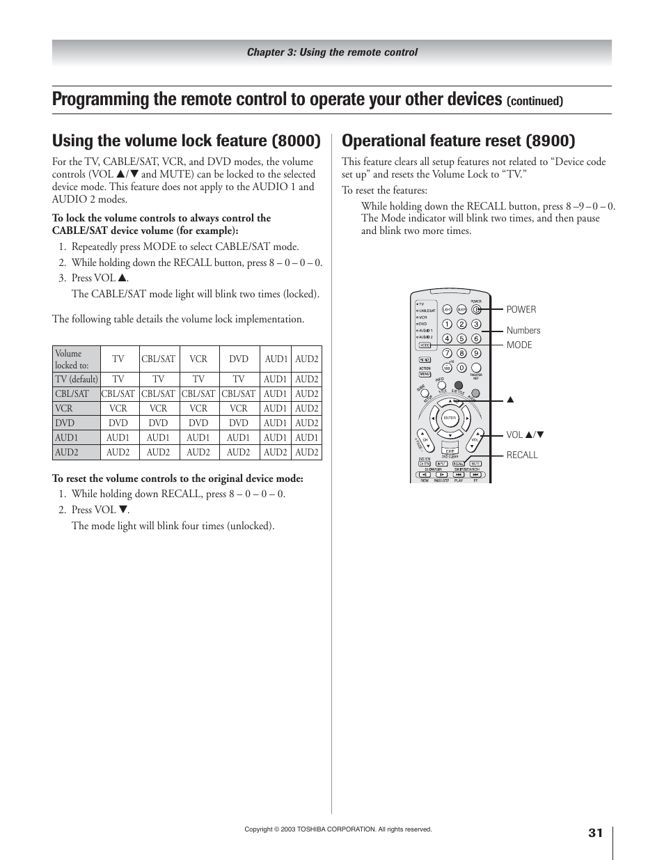 Operational feature reset (8900), Using the volume lock feature (8000), Continued) | Toshiba 51H93 User Manual | Page 31 / 100