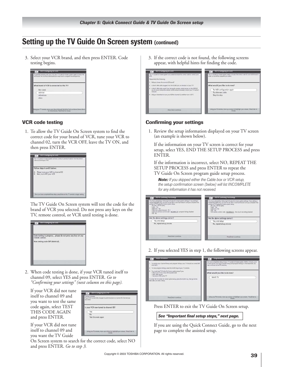 Setting up the tv guide on screen system | Toshiba 51H93 User Manual | Page 39 / 100