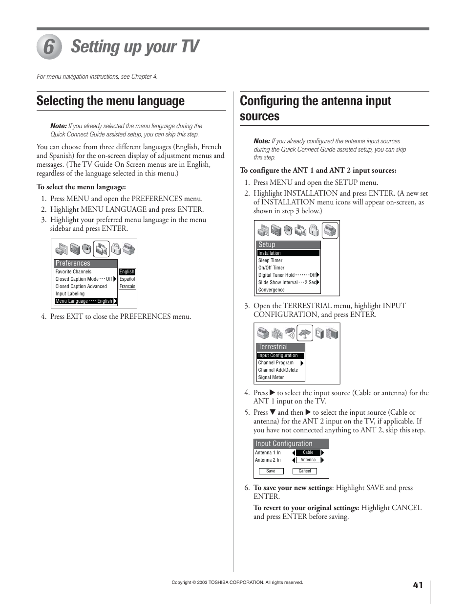 Setting up your tv, Selecting the menu language, Configuring the antenna input sources | Toshiba 51H93 User Manual | Page 41 / 100