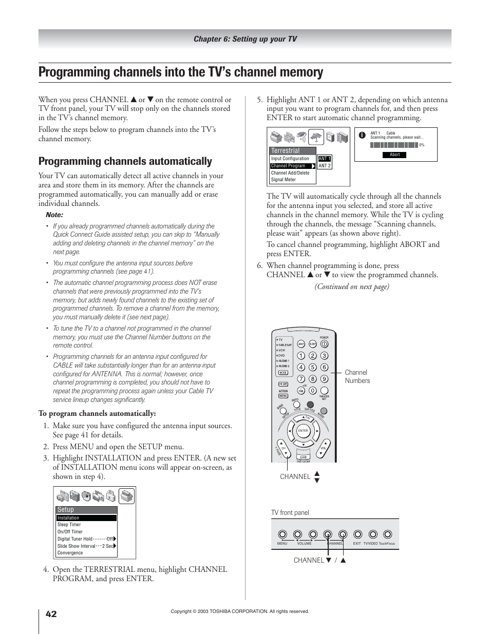 Programming channels automatically, Chapter 6: setting up your tv | Toshiba 51H93 User Manual | Page 42 / 100