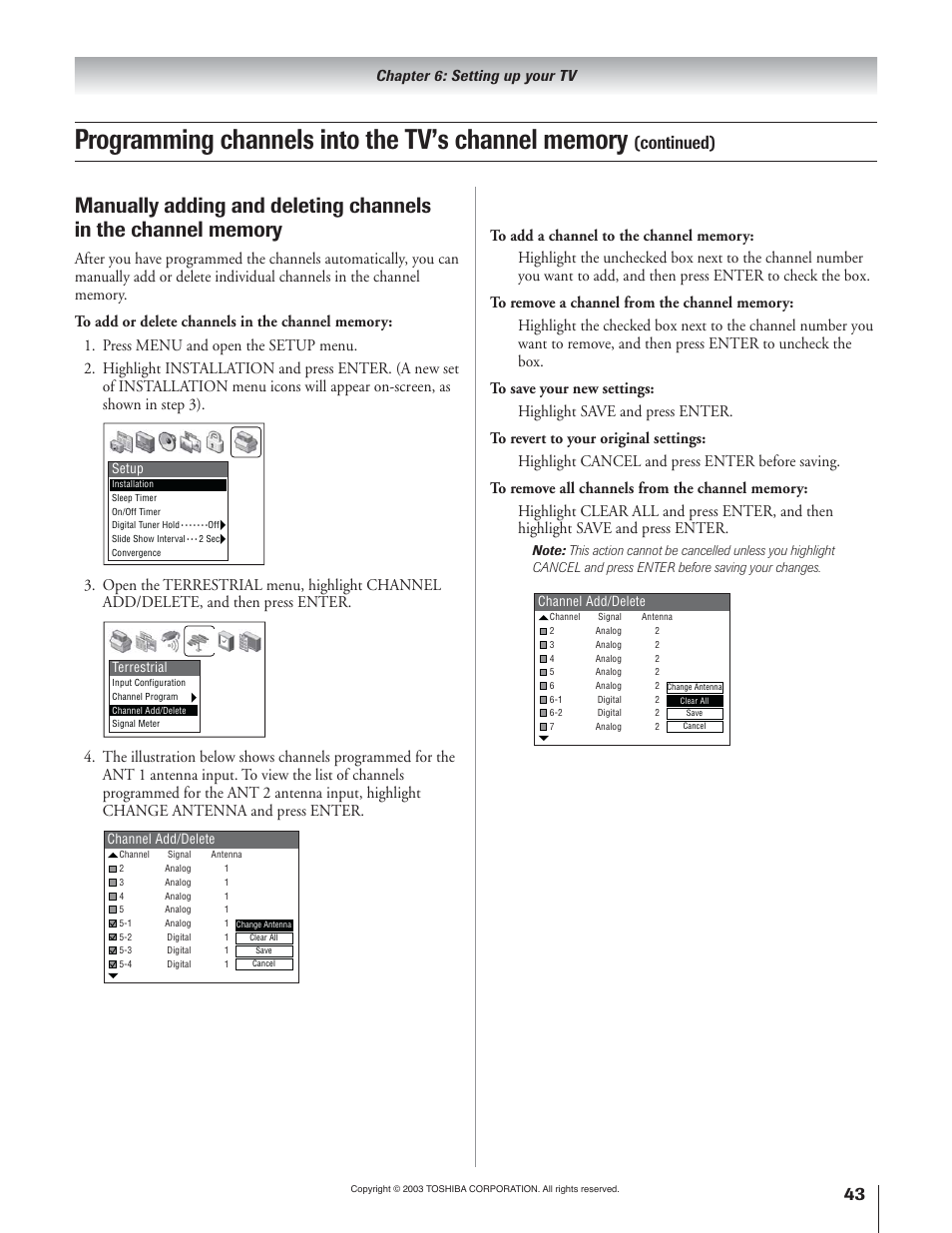 Continued), Chapter 6: setting up your tv | Toshiba 51H93 User Manual | Page 43 / 100