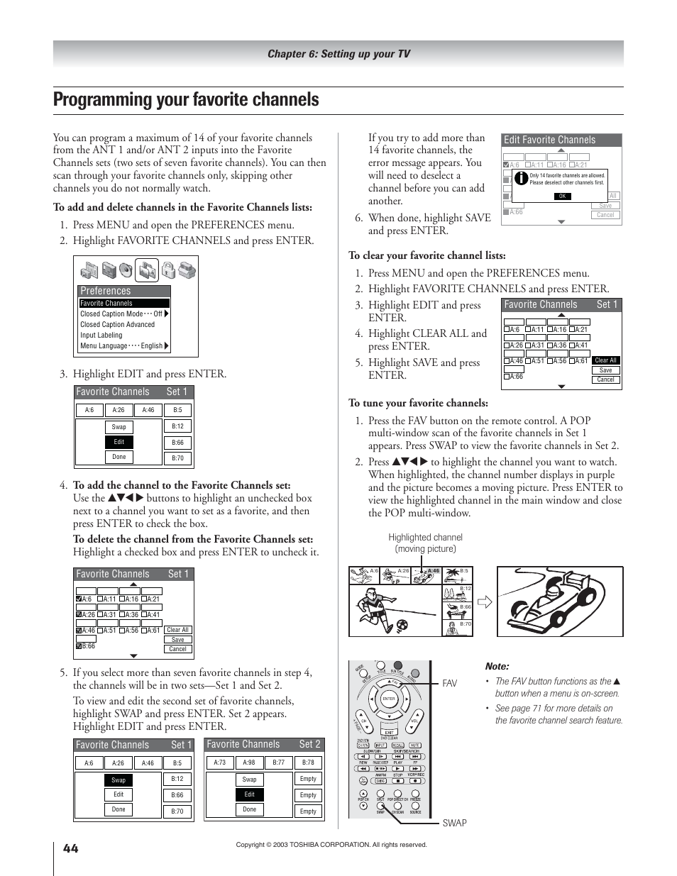 Programming your favorite channels, Highlight edit and press enter, Chapter 6: setting up your tv | Toshiba 51H93 User Manual | Page 44 / 100