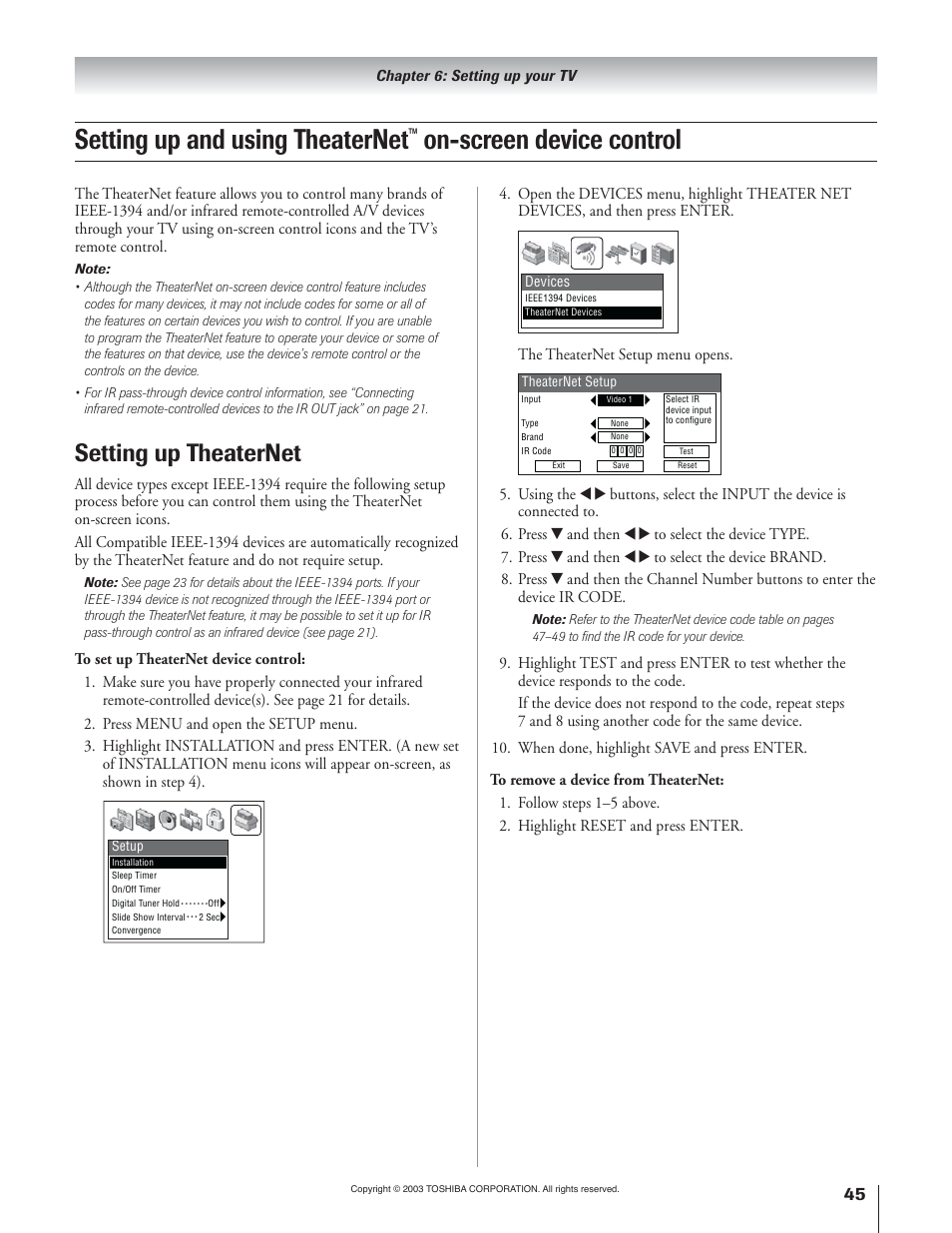 Setting up and using theaternet, On-screen device control, Setting up theaternet | Toshiba 51H93 User Manual | Page 45 / 100