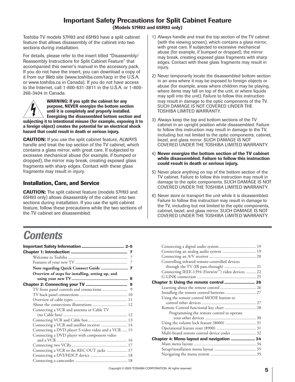 Toshiba 51H93 User Manual | Page 5 / 100