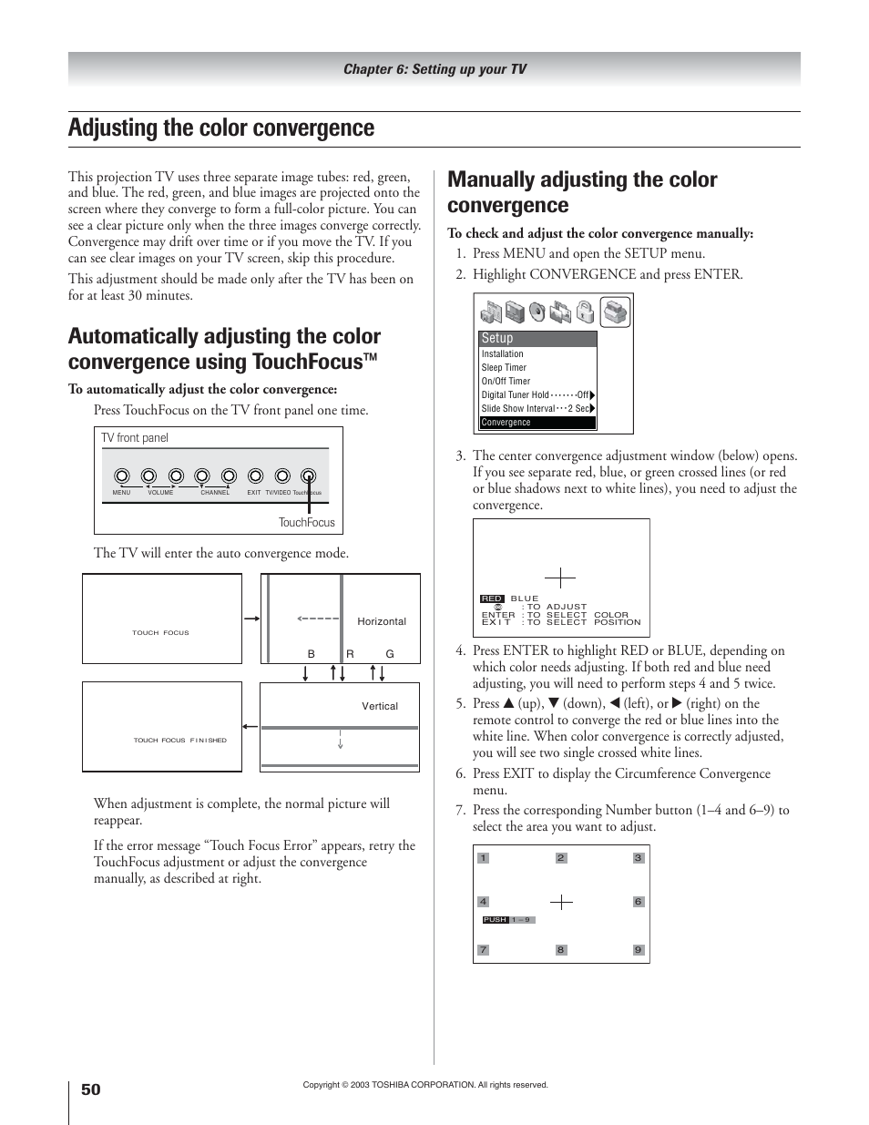 Adjusting the color convergence, Manually adjusting the color convergence, Chapter 6: setting up your tv | Toshiba 51H93 User Manual | Page 50 / 100