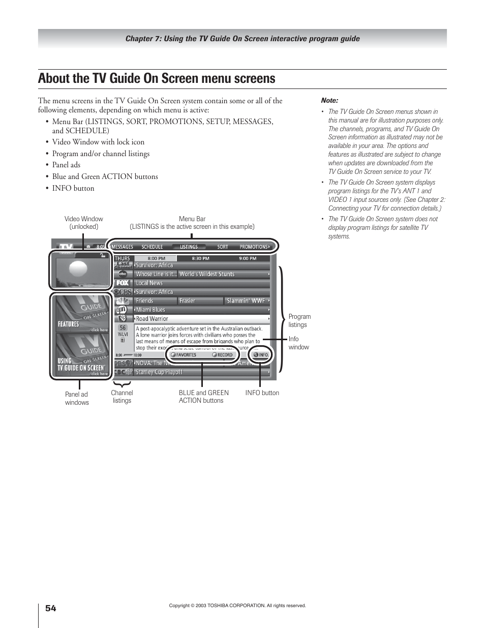 About the tv guide on screen menu screens | Toshiba 51H93 User Manual | Page 54 / 100