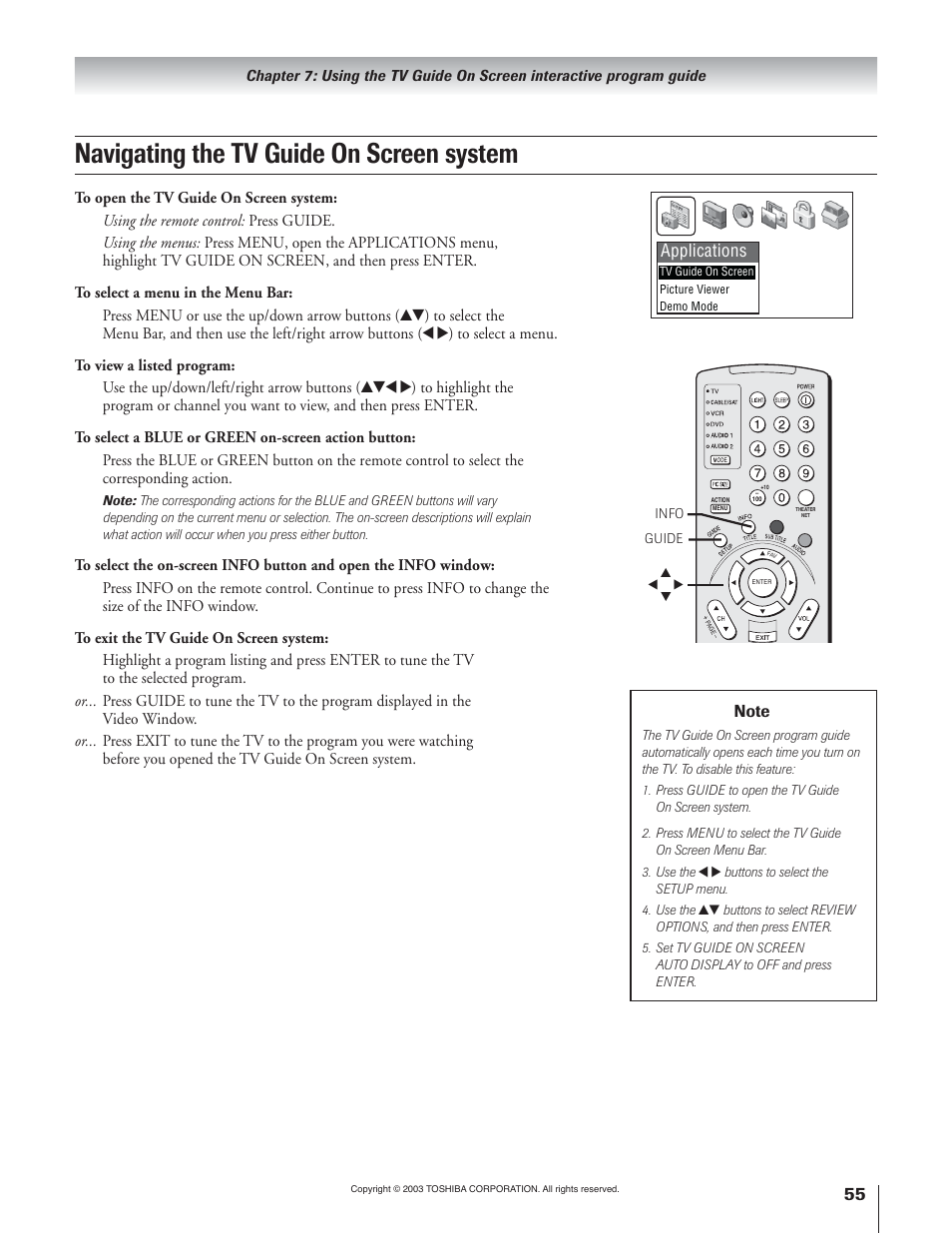 Navigating the tv guide on screen system, Applications | Toshiba 51H93 User Manual | Page 55 / 100