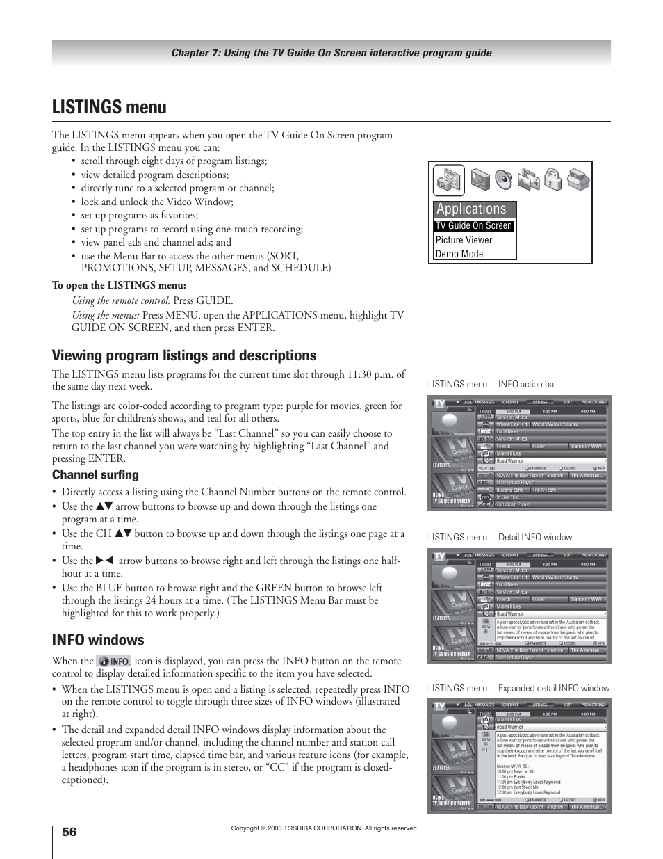 Listings menu, Viewing program listings and descriptions, Info windows | Applications | Toshiba 51H93 User Manual | Page 56 / 100