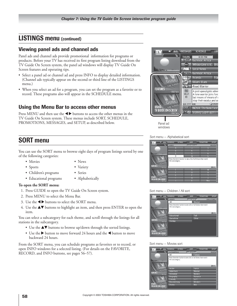 Sort menu, Listings menu, Viewing panel ads and channel ads | Using the menu bar to access other menus | Toshiba 51H93 User Manual | Page 58 / 100