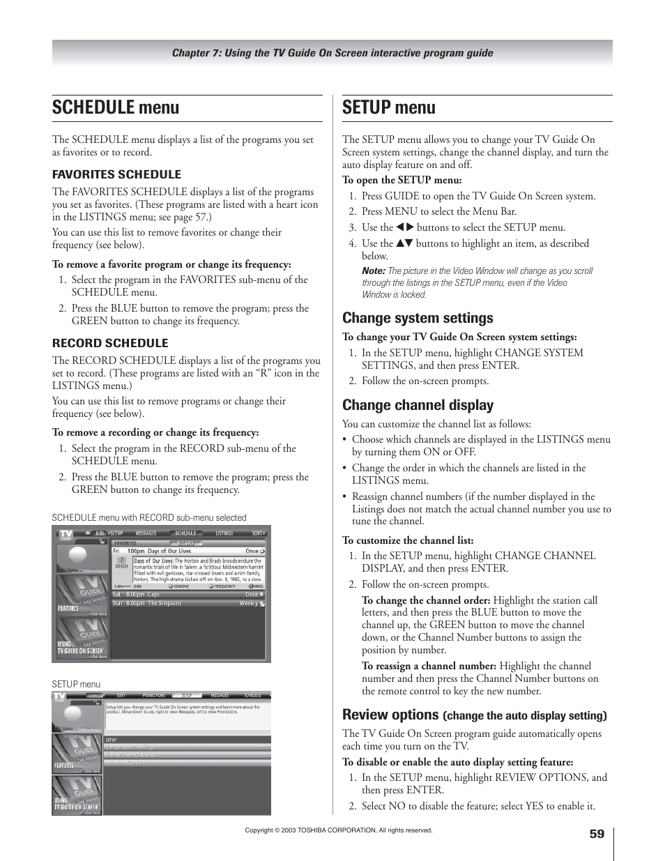 Setup menu, Schedule menu, Change system settings | Change channel display, Review options | Toshiba 51H93 User Manual | Page 59 / 100