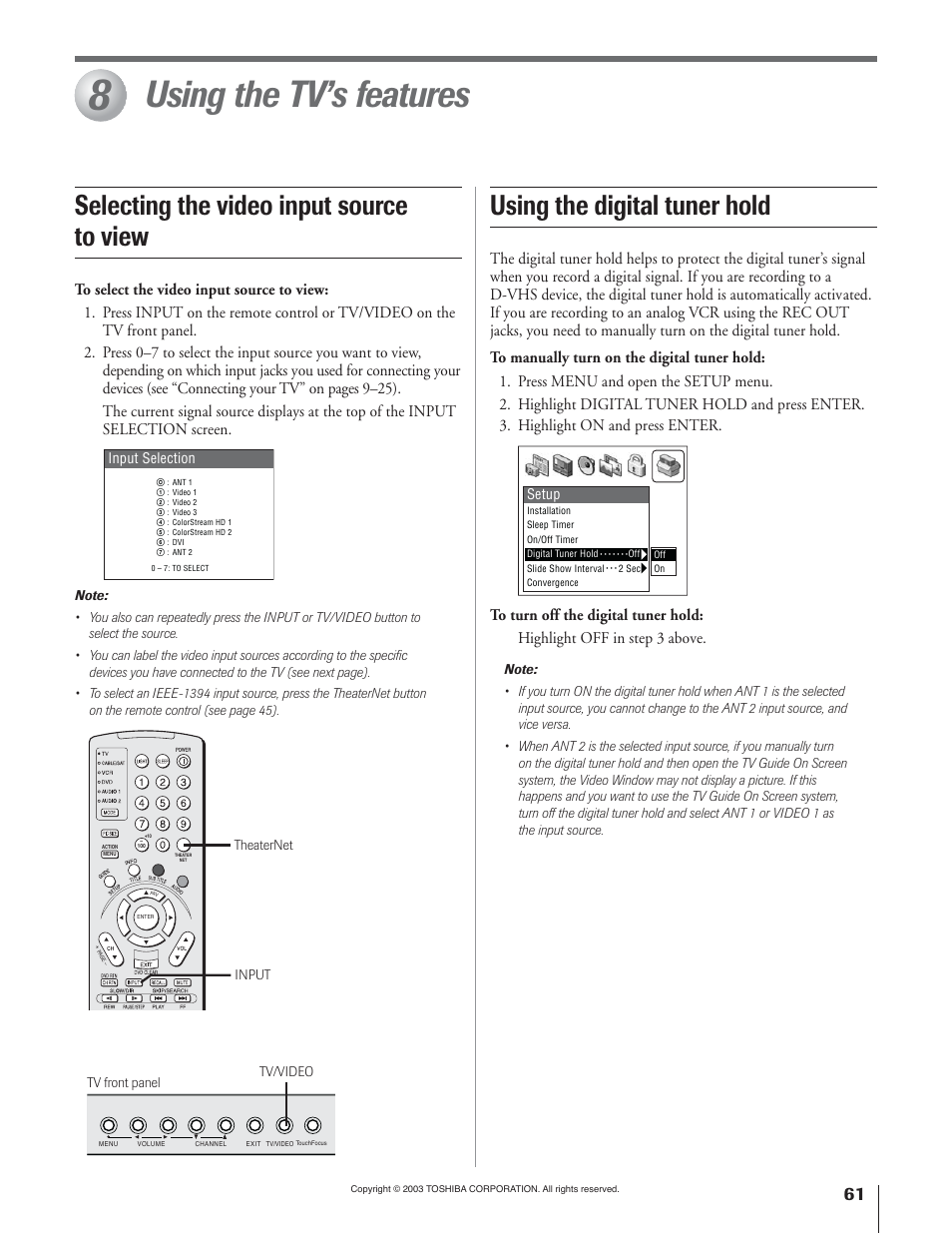 Using the tv’s features, Selecting the video input source to view, Using the digital tuner hold | Toshiba 51H93 User Manual | Page 61 / 100