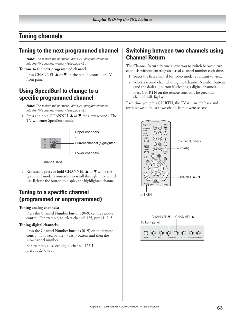 Tuning channels, Tuning to the next programmed channel | Toshiba 51H93 User Manual | Page 63 / 100