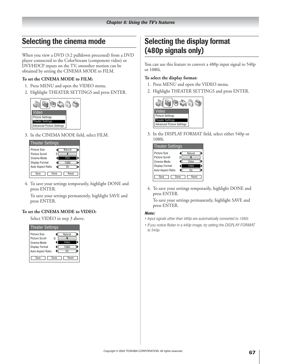 Selecting the display format (480p signals only), Selecting the cinema mode | Toshiba 51H93 User Manual | Page 67 / 100