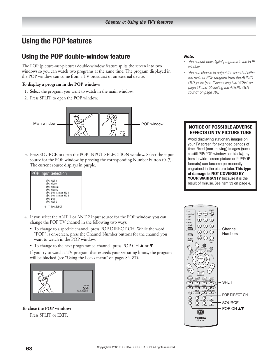 Using the pop features, Using the pop double-window feature, Chapter 8: using the tv’s features | Pop input selection | Toshiba 51H93 User Manual | Page 68 / 100