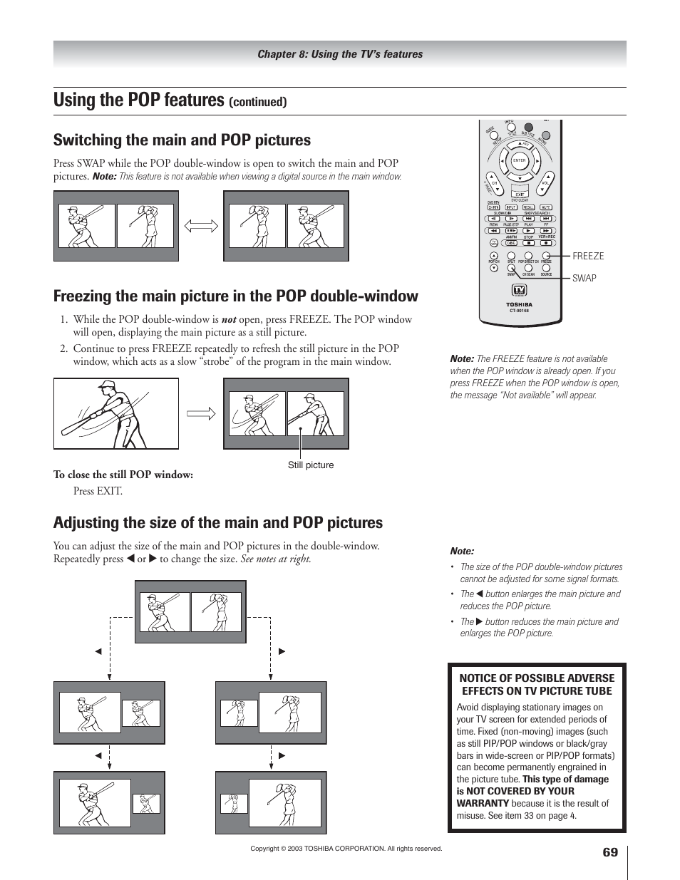 Using the pop features, Switching the main and pop pictures, Freezing the main picture in the pop double-window | Adjusting the size of the main and pop pictures, Continued) | Toshiba 51H93 User Manual | Page 69 / 100