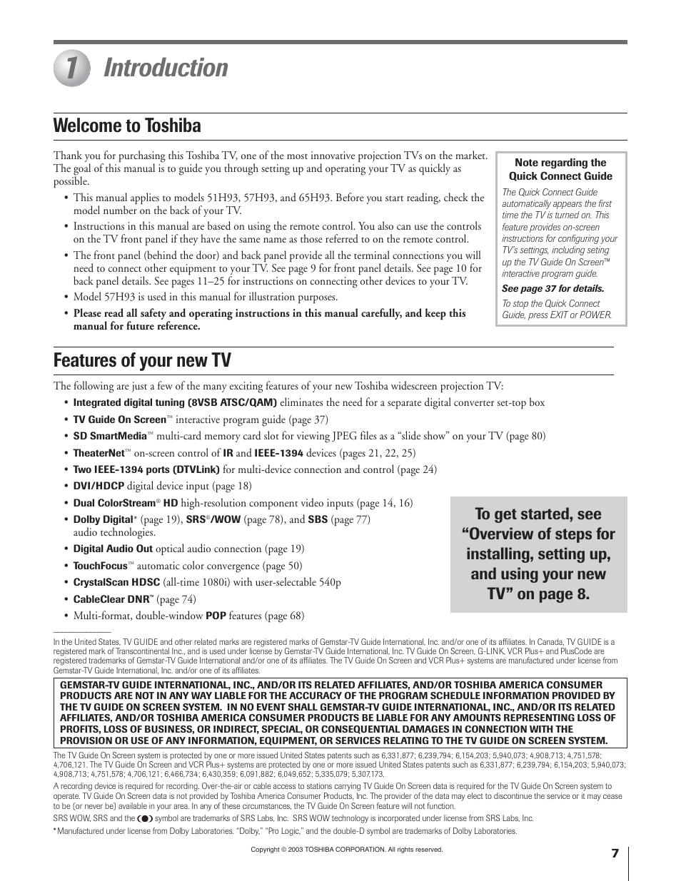 Introduction, Features of your new tv, Welcome to toshiba | Toshiba 51H93 User Manual | Page 7 / 100