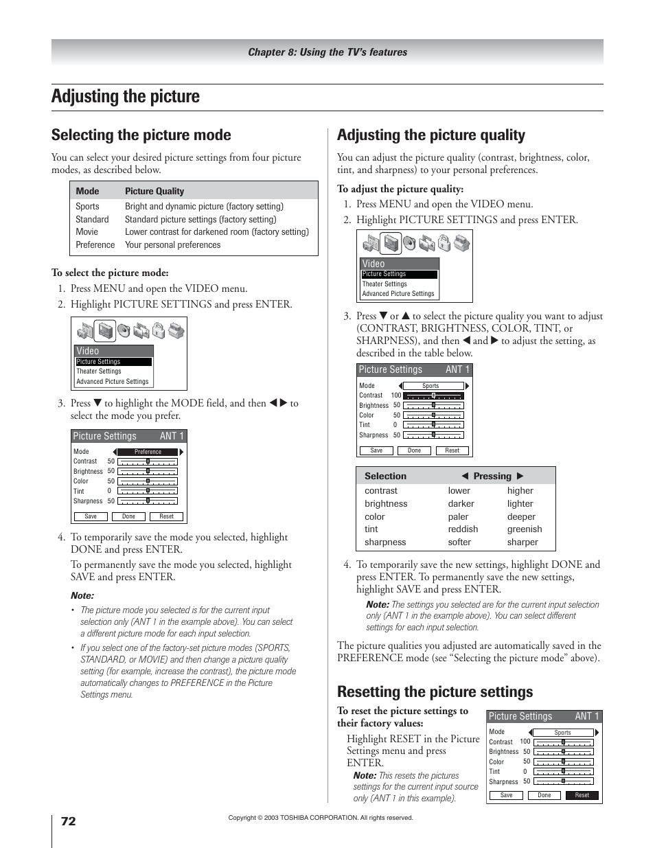 Adjusting the picture, Selecting the picture mode, Adjusting the picture quality | Resetting the picture settings | Toshiba 51H93 User Manual | Page 72 / 100