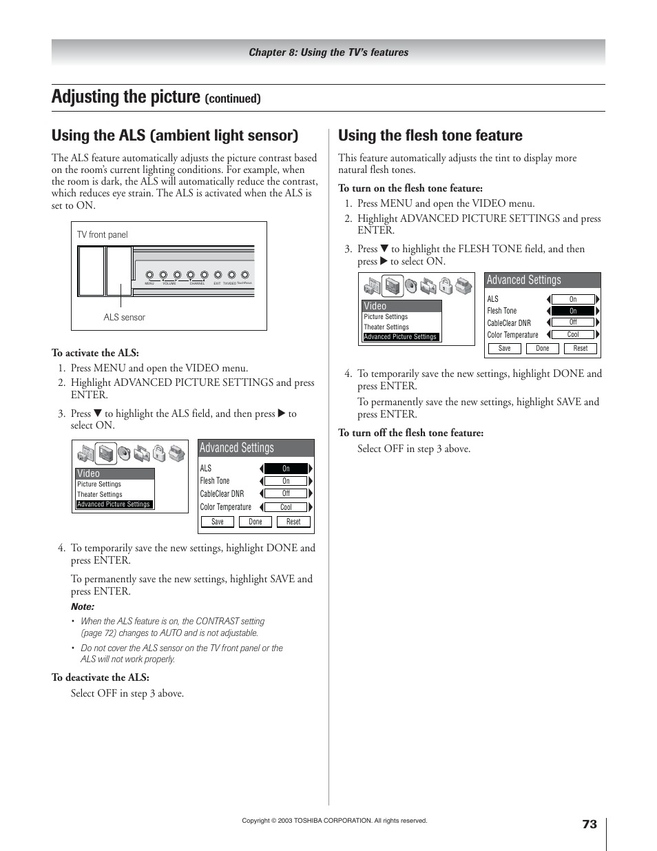 Adjusting the picture, Using the als (ambient light sensor), Using the flesh tone feature | Continued), Advanced settings | Toshiba 51H93 User Manual | Page 73 / 100