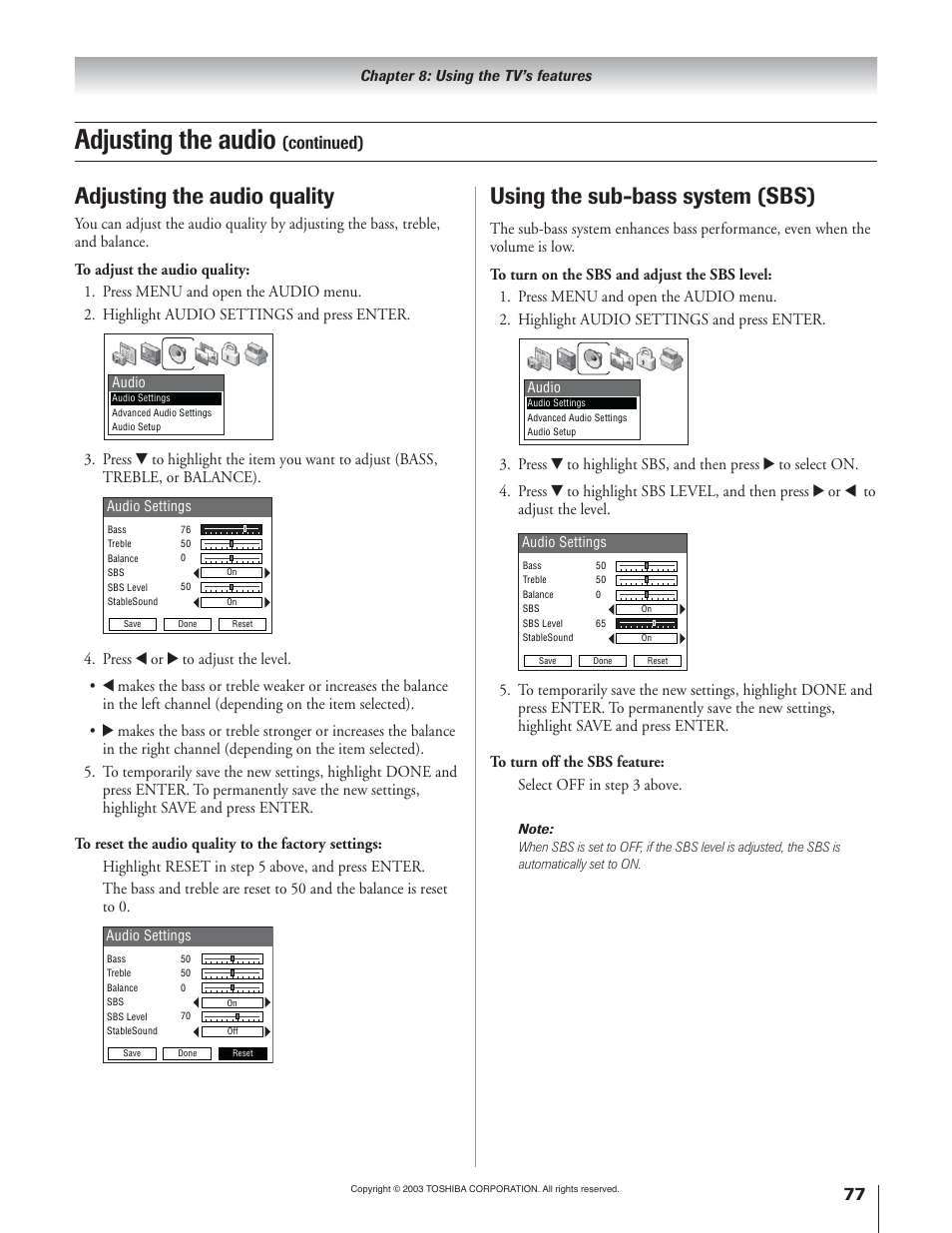 Adjusting the audio, Adjusting the audio quality, Using the sub-bass system (sbs) | Continued) | Toshiba 51H93 User Manual | Page 77 / 100