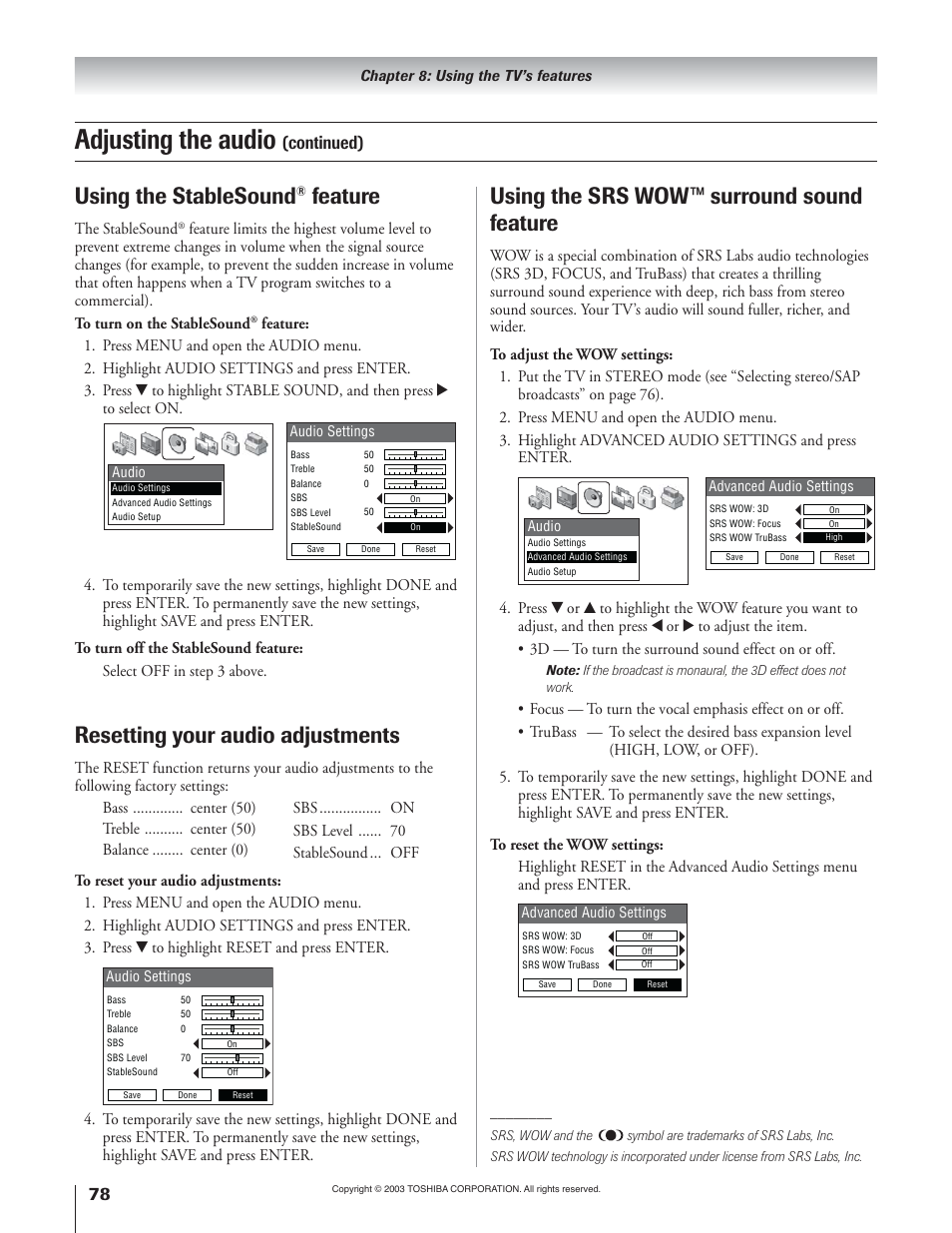 Adjusting the audio, Using the srs wow™ surround sound feature, Using the stablesound | Feature, Resetting your audio adjustments, Continued) | Toshiba 51H93 User Manual | Page 78 / 100