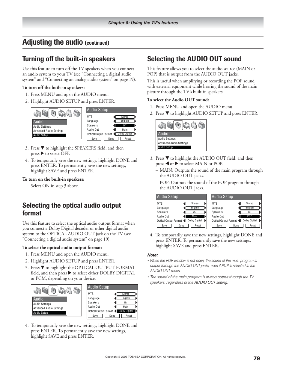 Adjusting the audio, Turning off the built-in speakers, Selecting the audio out sound | Selecting the optical audio output format, Continued) | Toshiba 51H93 User Manual | Page 79 / 100