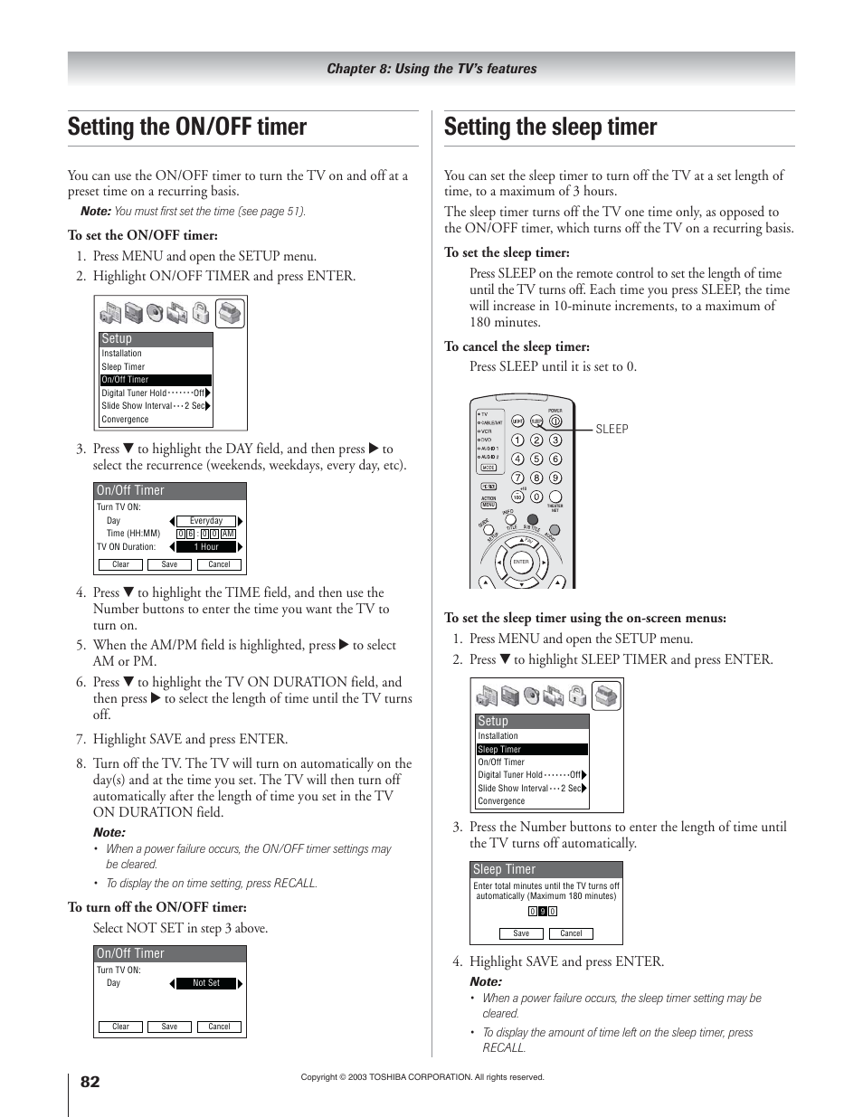 Setting the on/off timer, Setting the sleep timer, Highlight save and press enter | Toshiba 51H93 User Manual | Page 82 / 100