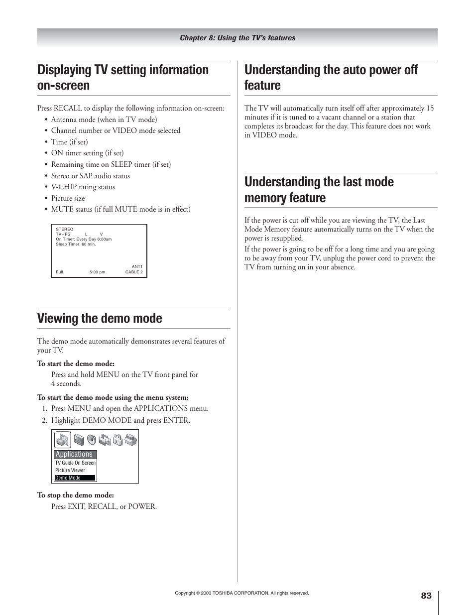 Viewing the demo mode, Displaying tv setting information on-screen, Understanding the auto power off feature | Toshiba 51H93 User Manual | Page 83 / 100