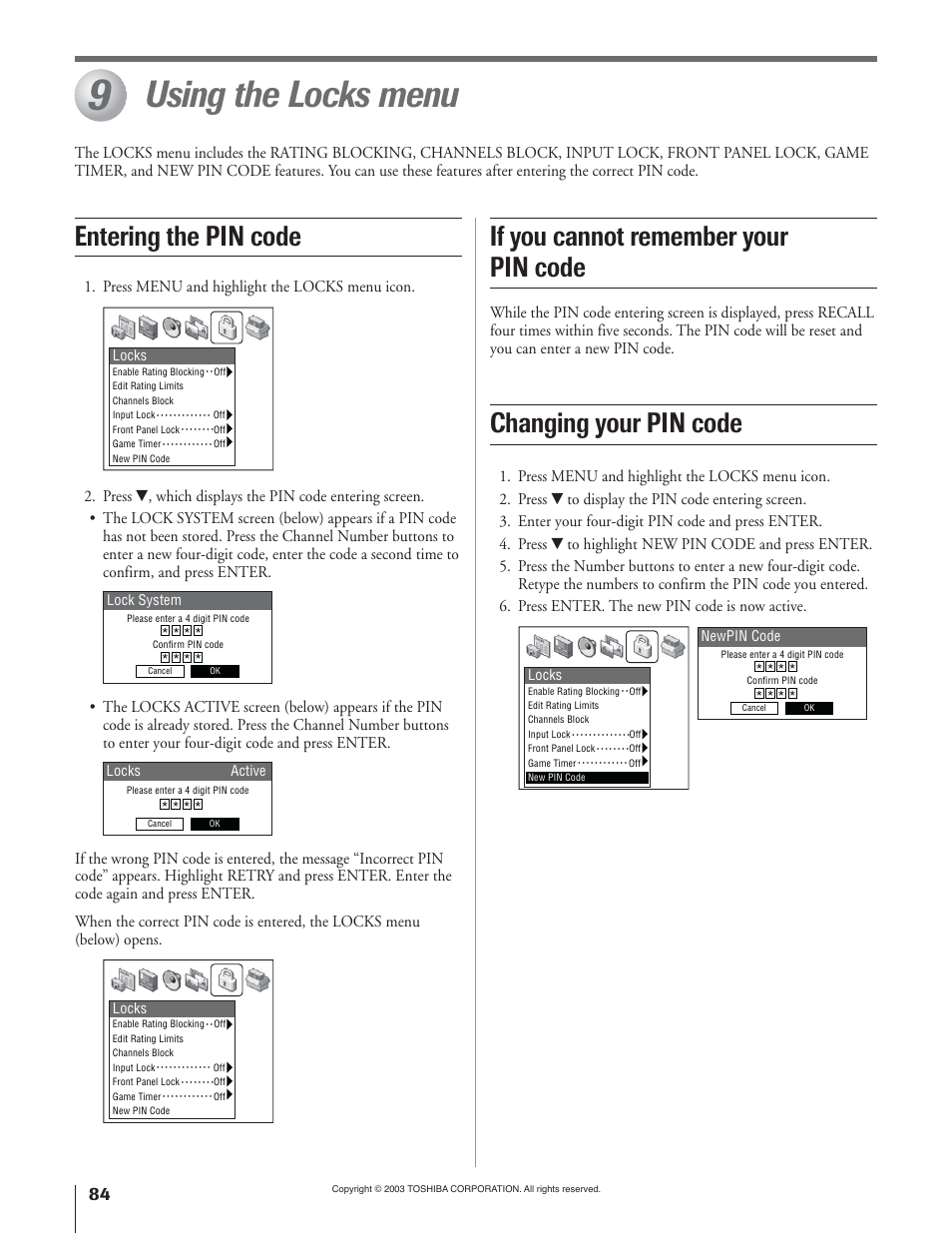 Using the locks menu, If you cannot remember your pin code, Entering the pin code changing your pin code | Press menu and highlight the locks menu icon | Toshiba 51H93 User Manual | Page 84 / 100