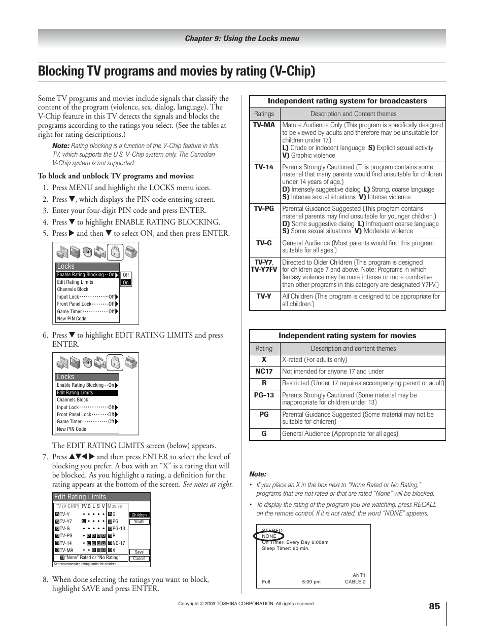 Blocking tv programs and movies by rating (v-chip) | Toshiba 51H93 User Manual | Page 85 / 100