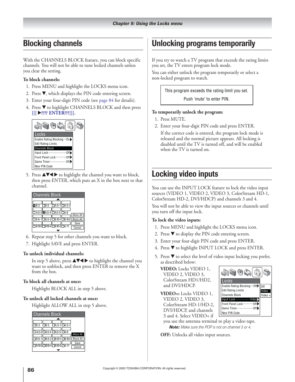 Locking video inputs, Blocking channels, Unlocking programs temporarily | Off: unlocks all video input sources | Toshiba 51H93 User Manual | Page 86 / 100