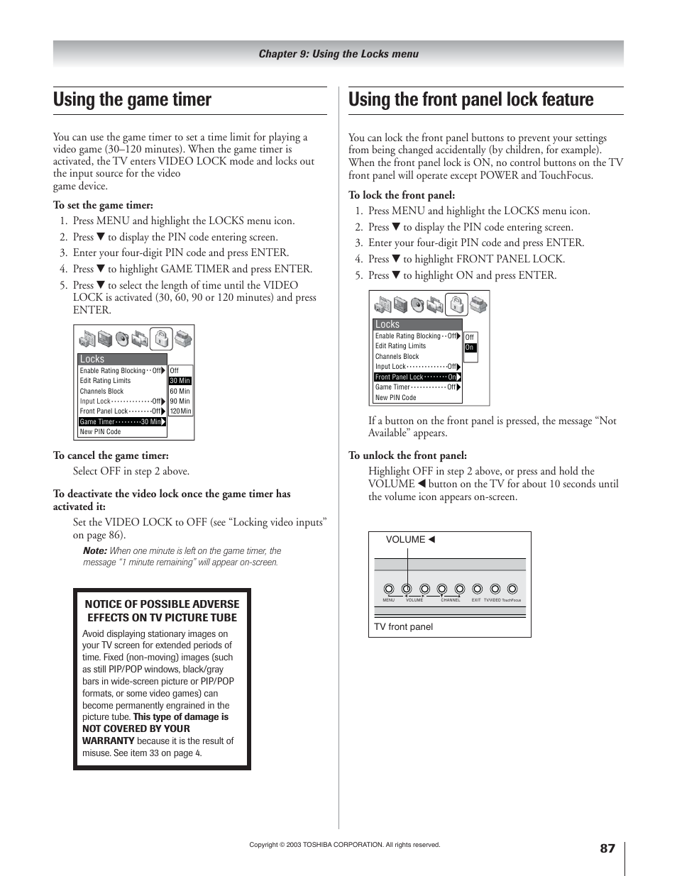 Using the game timer, Using the front panel lock feature | Toshiba 51H93 User Manual | Page 87 / 100