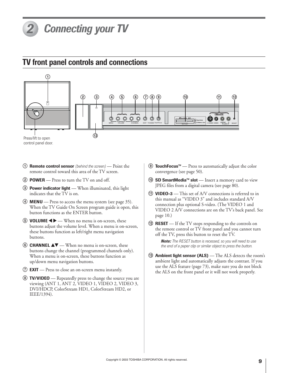 Connecting your tv, Tv front panel controls and connections | Toshiba 51H93 User Manual | Page 9 / 100