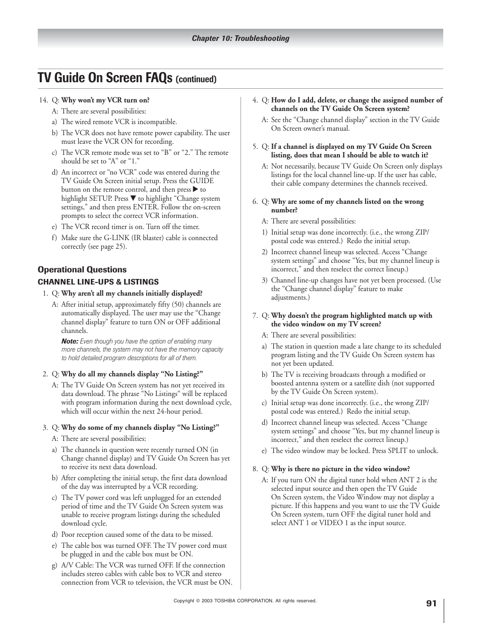 Tv guide on screen faqs | Toshiba 51H93 User Manual | Page 91 / 100