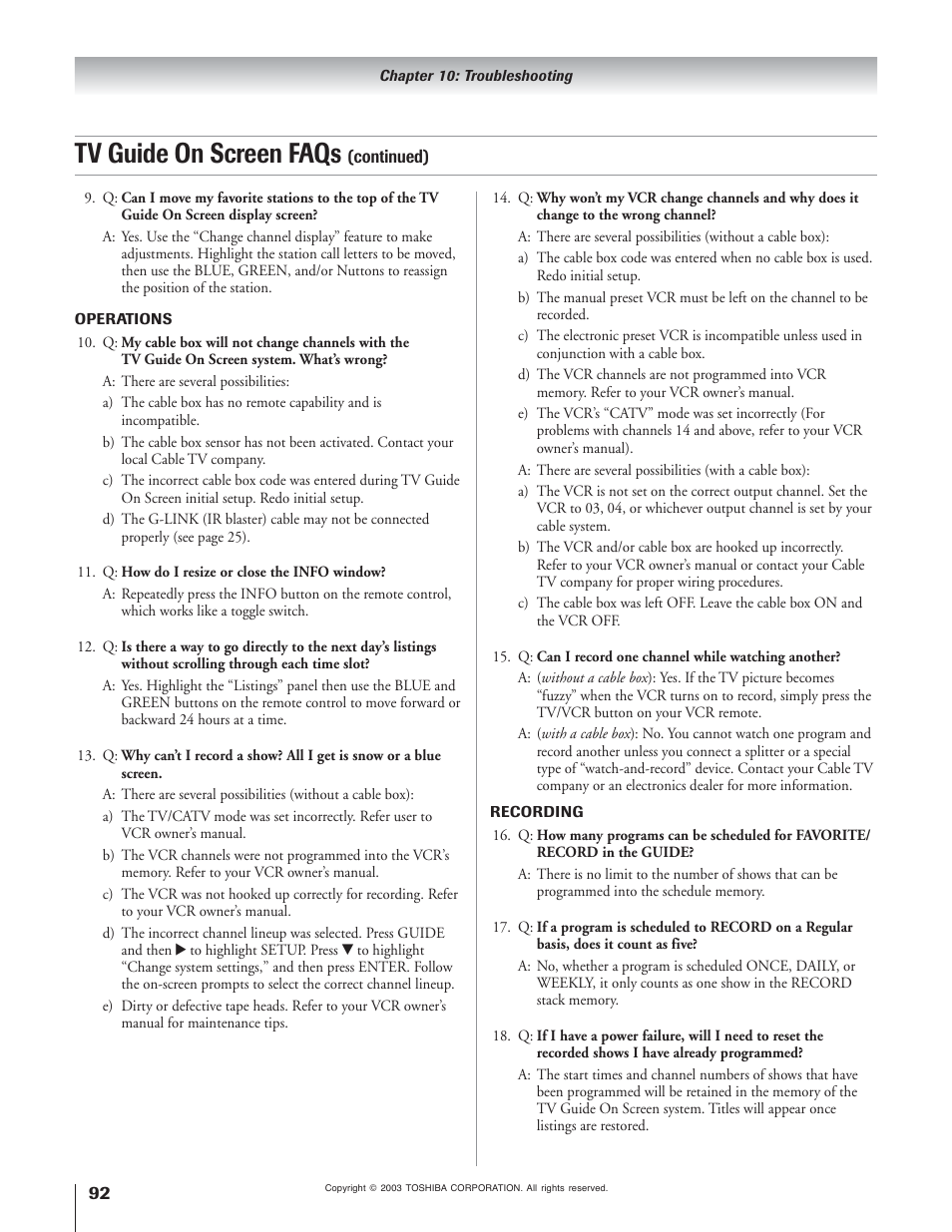 Tv guide on screen faqs | Toshiba 51H93 User Manual | Page 92 / 100