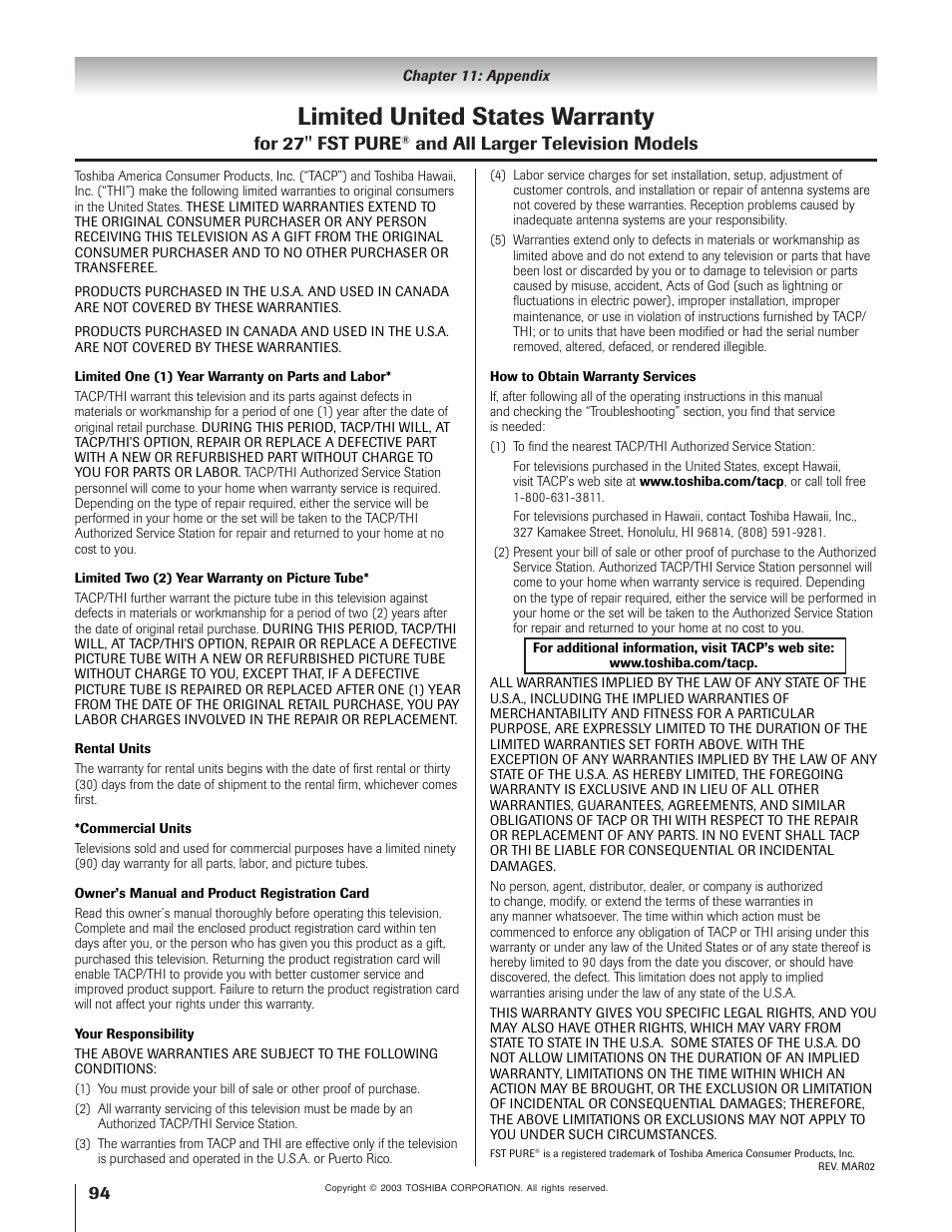 Limited united states warranty, For 27'' fst pure, And all larger television models | Toshiba 51H93 User Manual | Page 94 / 100