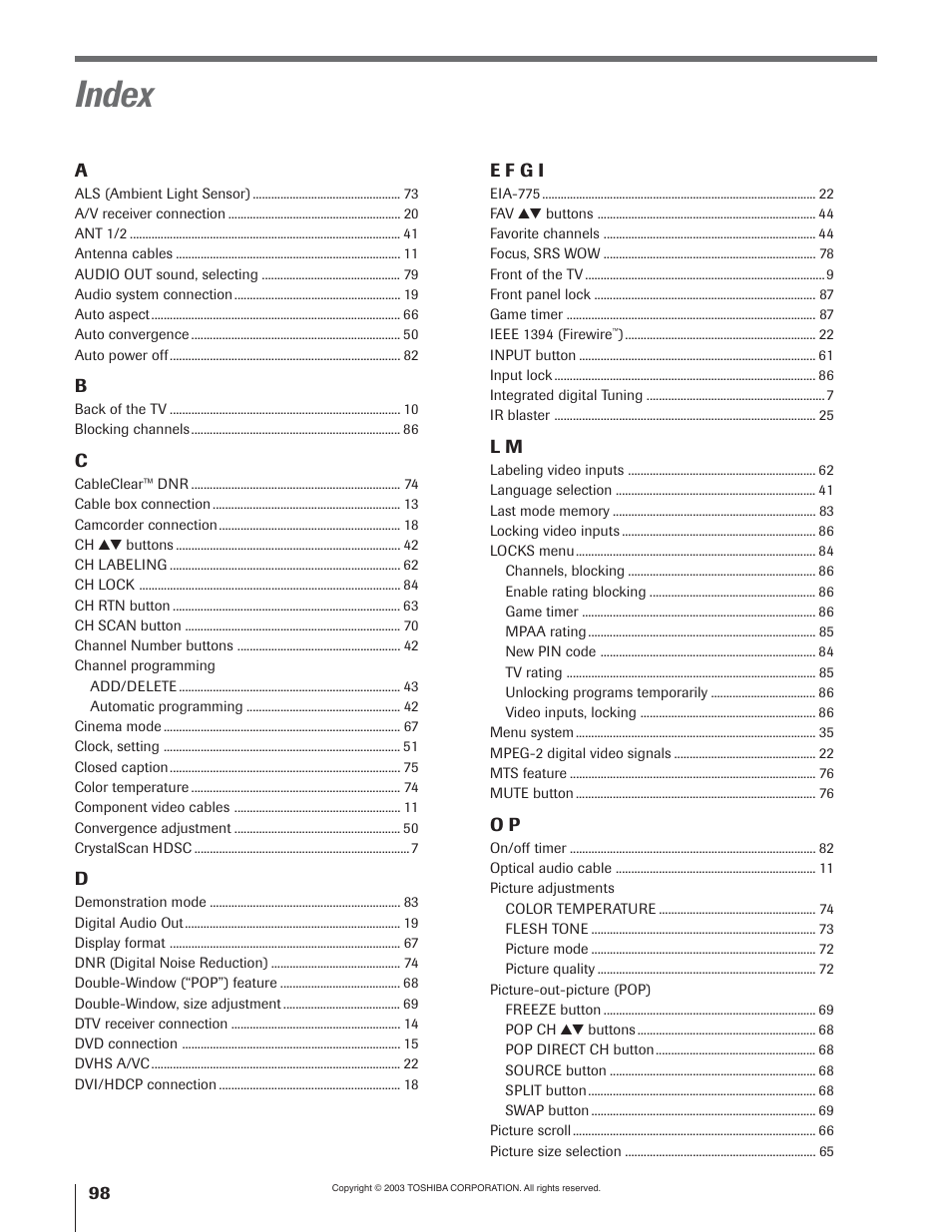 Index | Toshiba 51H93 User Manual | Page 98 / 100