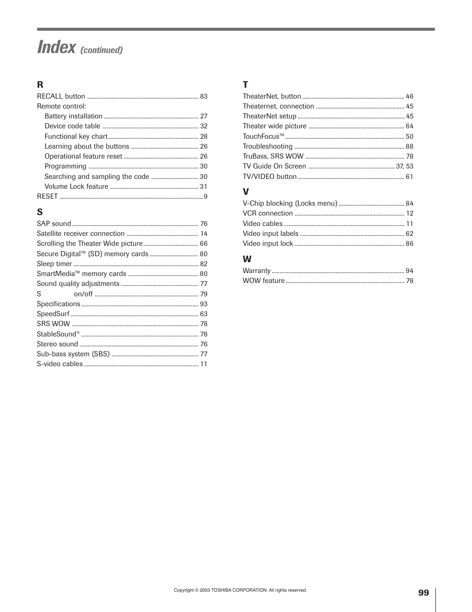 Index | Toshiba 51H93 User Manual | Page 99 / 100